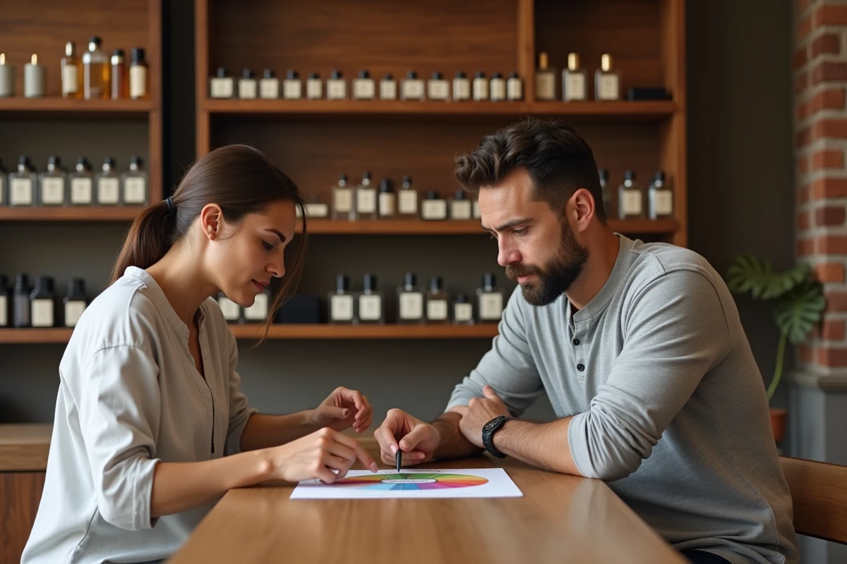 Homme recevant des conseils personnalisés sur les familles olfactives auprès d'une conseillère dans une boutique de parfums