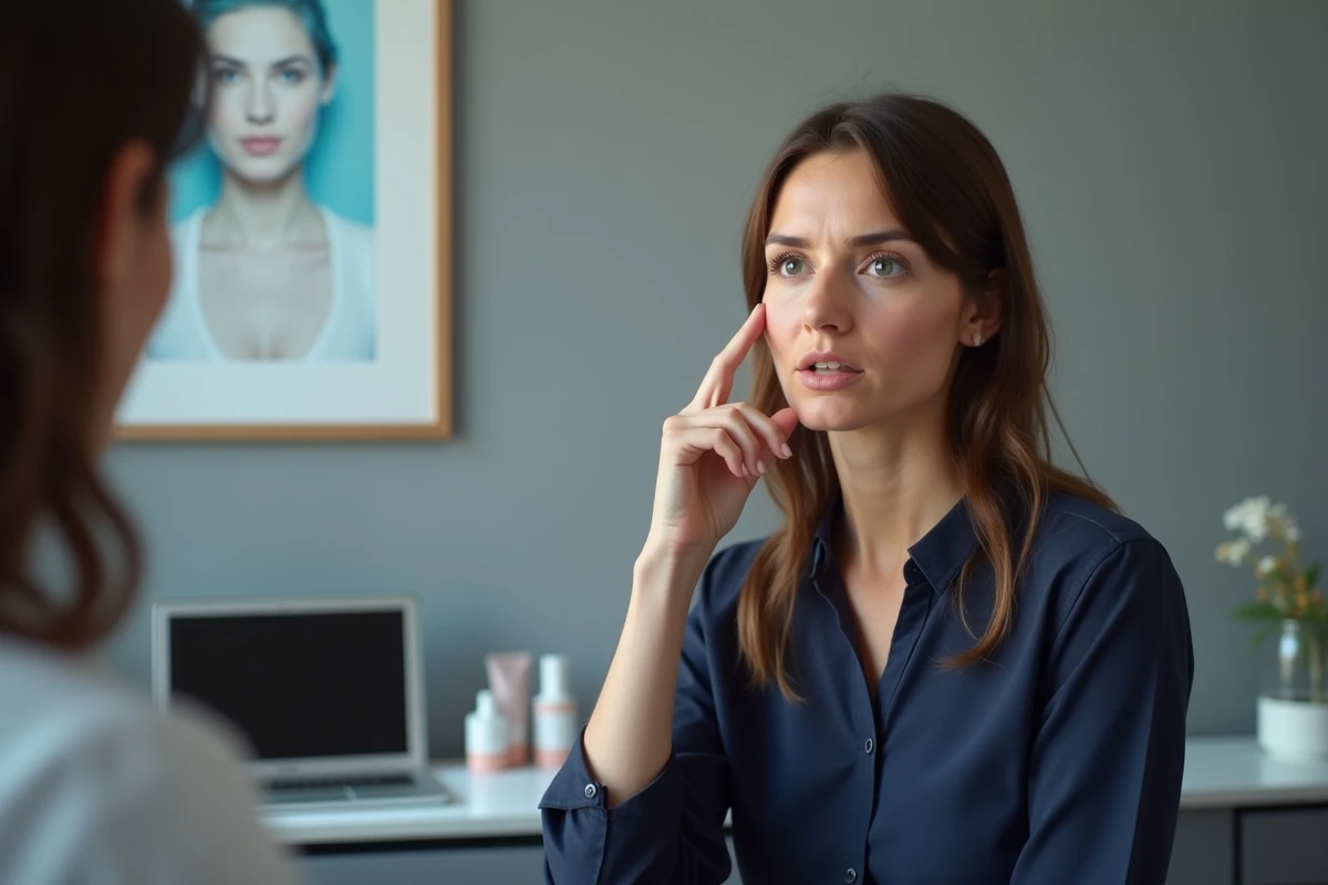 Femme montrant sa peau rougie par la rosacée lors d'une consultation dermatologique pour trouver un traitement adapté