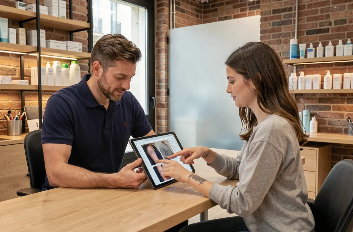 Consultation de détatouage laser au studio Ray Paris Marais, spécialiste examinant les résultats de traitement avec une cliente sur une tablette numérique