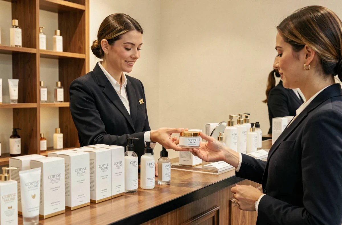 Conseillère beauté présentant des produits Coryse Salomé à une cliente dans l'institut de Meaux avec rayonnages en bois chaleureux