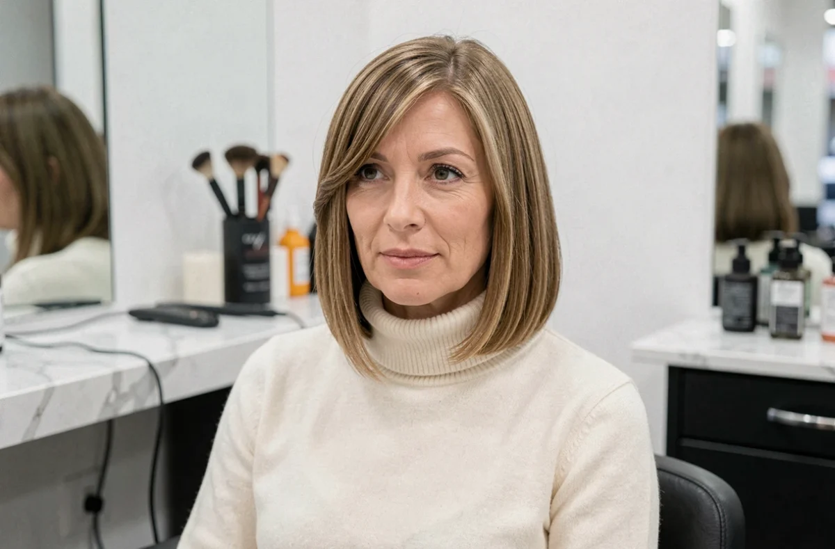 Femme de 45 ans avec une coupe au carré plongeant sur cheveux fins et raides dans un salon de coiffure parisien moderne