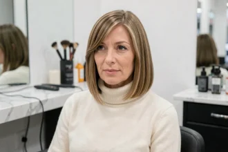 Femme de 45 ans avec une coupe au carré plongeant sur cheveux fins et raides dans un salon de coiffure parisien moderne