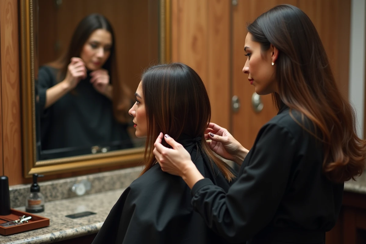 Coiffeuse en train de réaliser un carré plongeant sur cheveux fins dans un studio de coiffure boutique