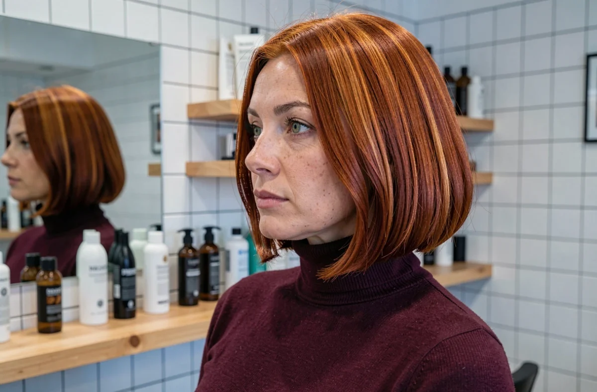 Femme rousse aux yeux verts avec un carré texturé aux reflets auburn dans un salon de coiffure moderne