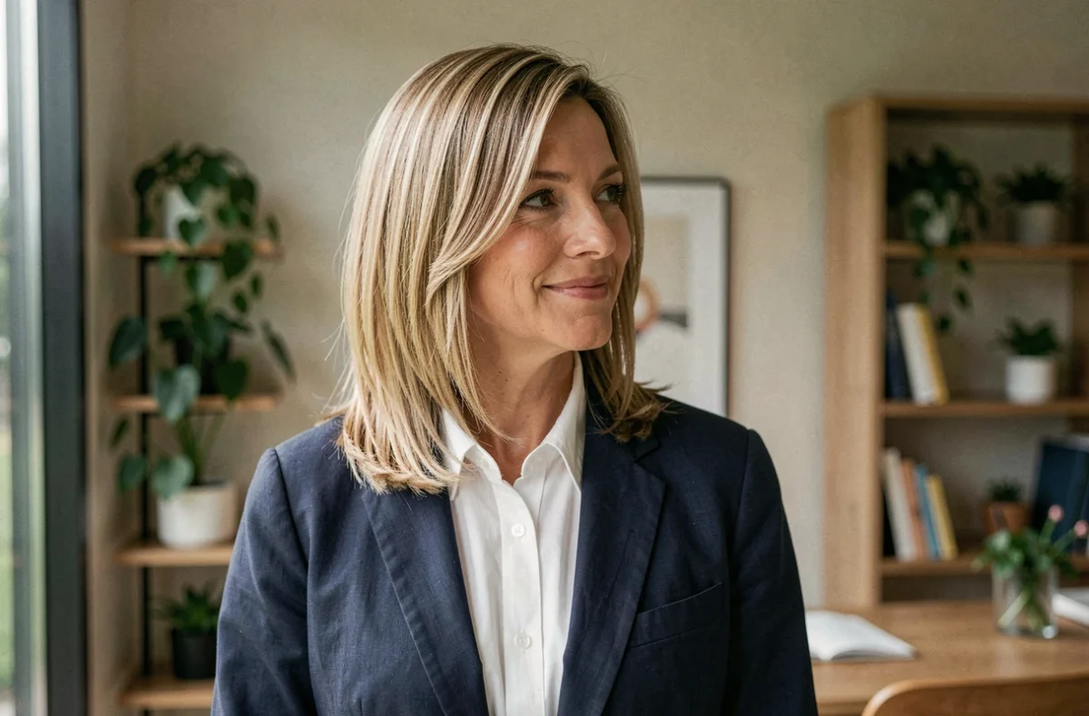 Femme de 48 ans arborant une coupe en dégradé épaule sur cheveux fins raides dans un intérieur contemporain lumineux