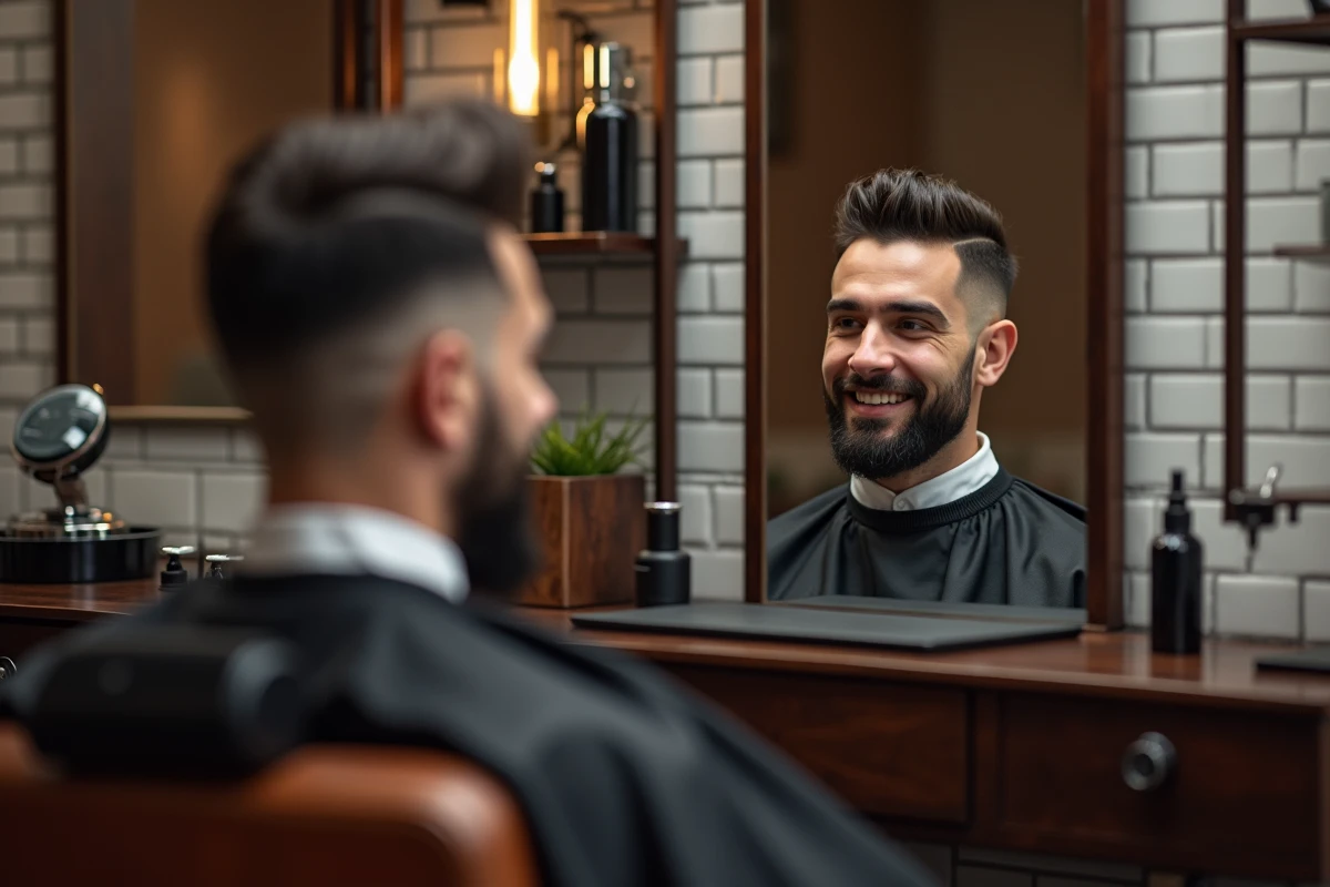 Jeune homme avec une coupe taper fade tendance 2026 admirant son look dans un barbershop haut de gamme à Toulouse