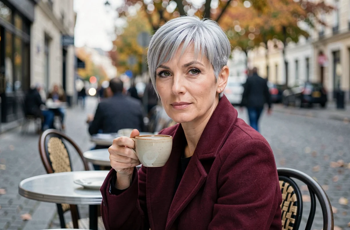 Femme de 52 ans avec une coupe pixie texturée sur cheveux fins et raides argentés en terrasse de café européen en automne