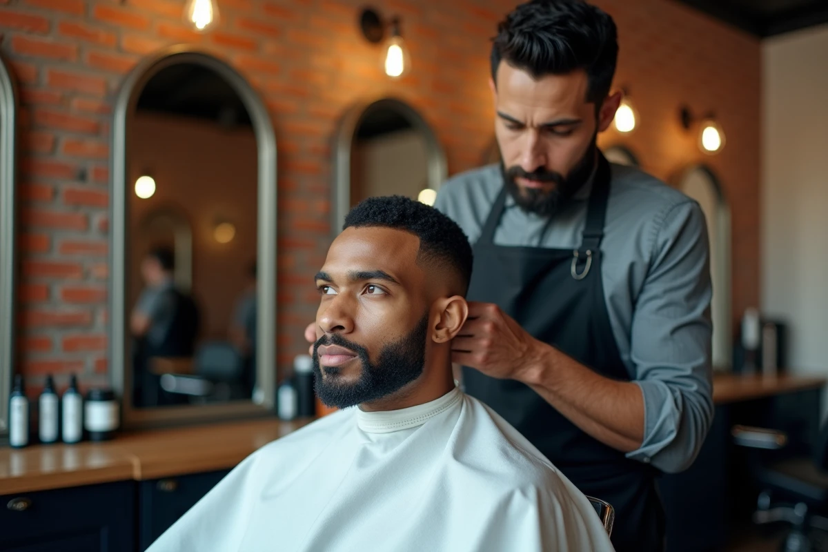 Jeune homme recevant une coupe taper basse dans un salon de coiffure moderne aux murs en briques apparentes