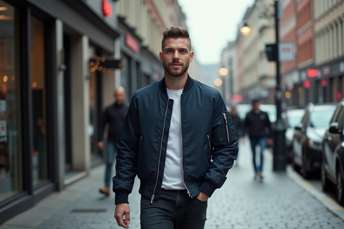 Homme en veste bomber naviguant dans une rue urbaine avec une coupe taper haute bien définie