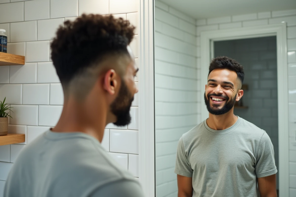 Homme hispanique admirant sa coupe taper moyenne dans un miroir de salle de bain moderne et épurée
