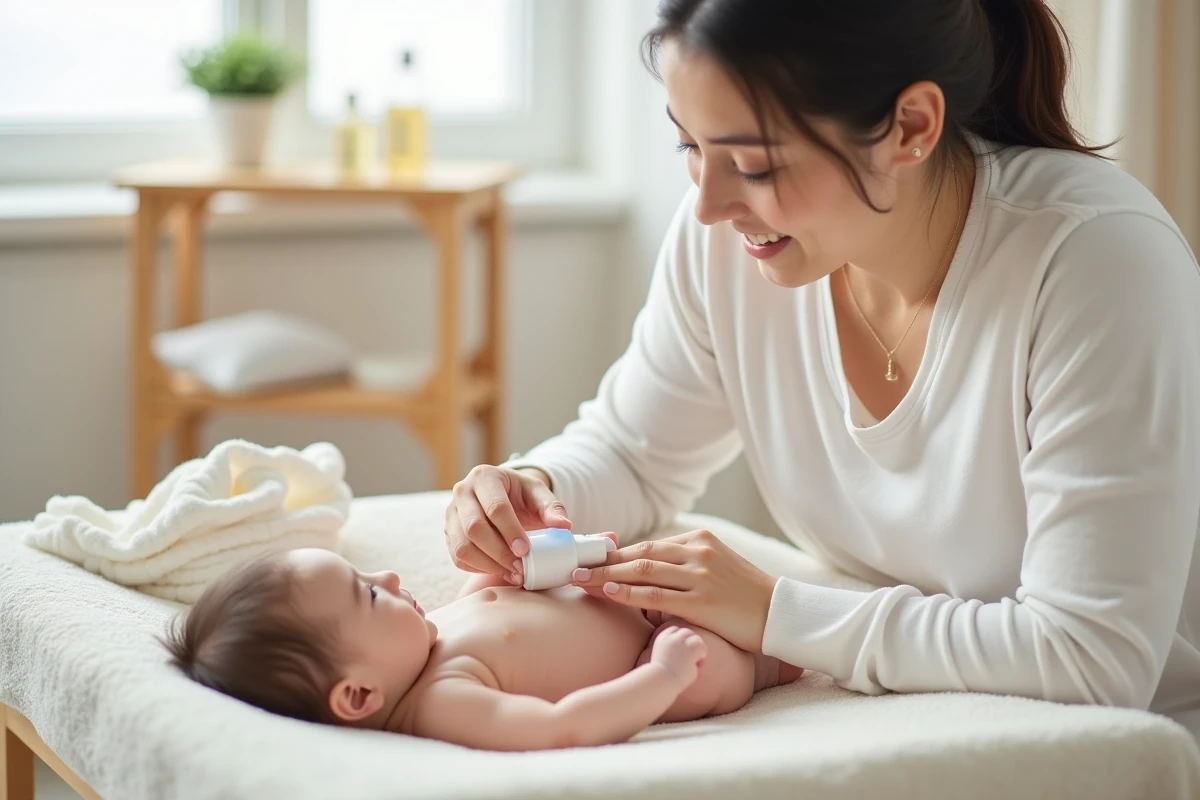 Mère appliquant de la crème hydratante Biolane sur le bras de son bébé pour soulager l'eczéma