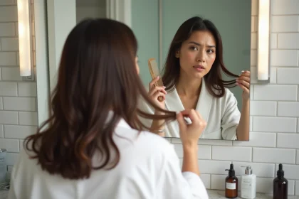 Femme examinant la longueur de sa chevelure brune devant un miroir de salle de bain avec un peigne et des produits capillaires sur le comptoir