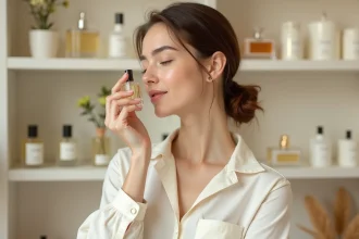 Jeune femme découvrant son premier parfum dans une parfumerie minimaliste, tenant un flacon de verre délicat