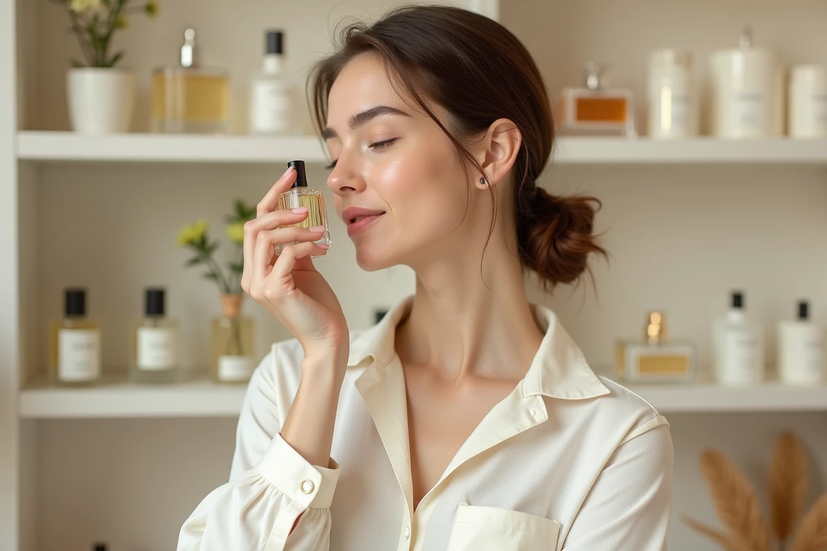Jeune femme découvrant son premier parfum dans une parfumerie minimaliste, tenant un flacon de verre délicat