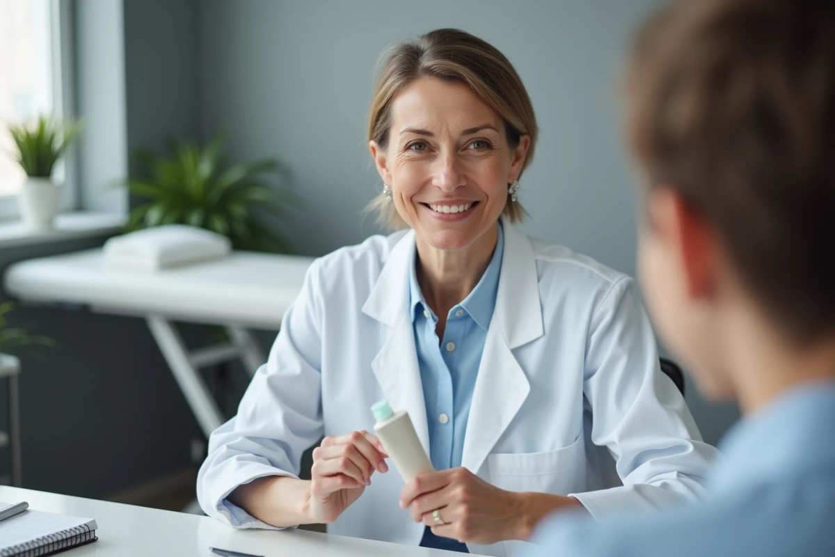 Dermatologue pédiatrique présentant une crème hydratante pour bébé lors d'une consultation eczéma