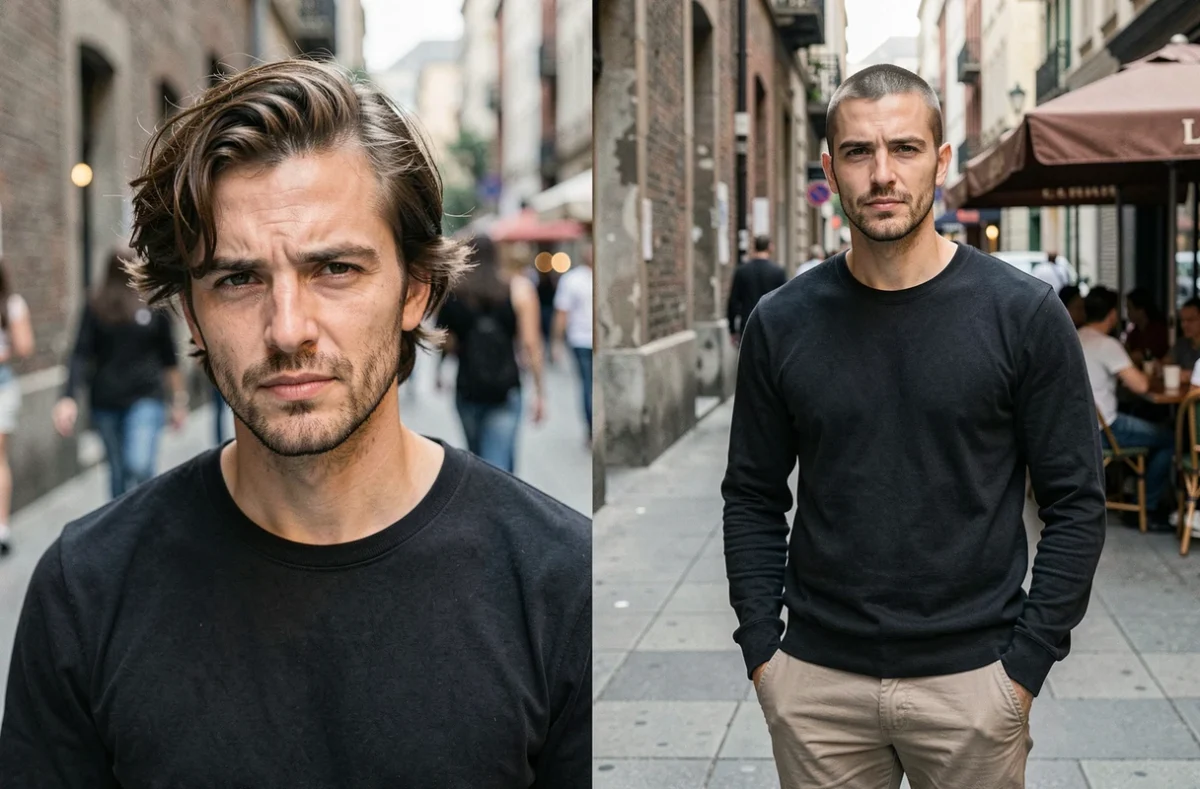Diptyque avant-après d'un homme avec et sans coupe buzz cut dans un décor urbain