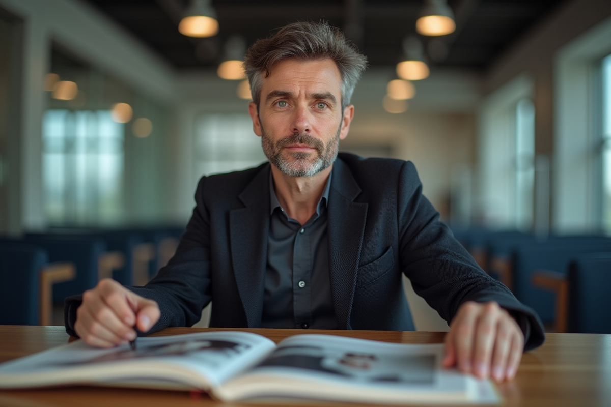 Directeur de casting examine un portfolio dans un espace moderne