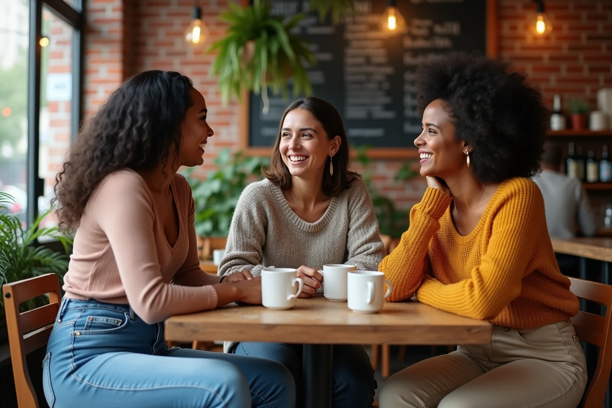 Trois femmes aux morphologies différentes discutant autour d'une table de café, symbolisant la diversité corporelle et le rejet des standards de beauté imposés
