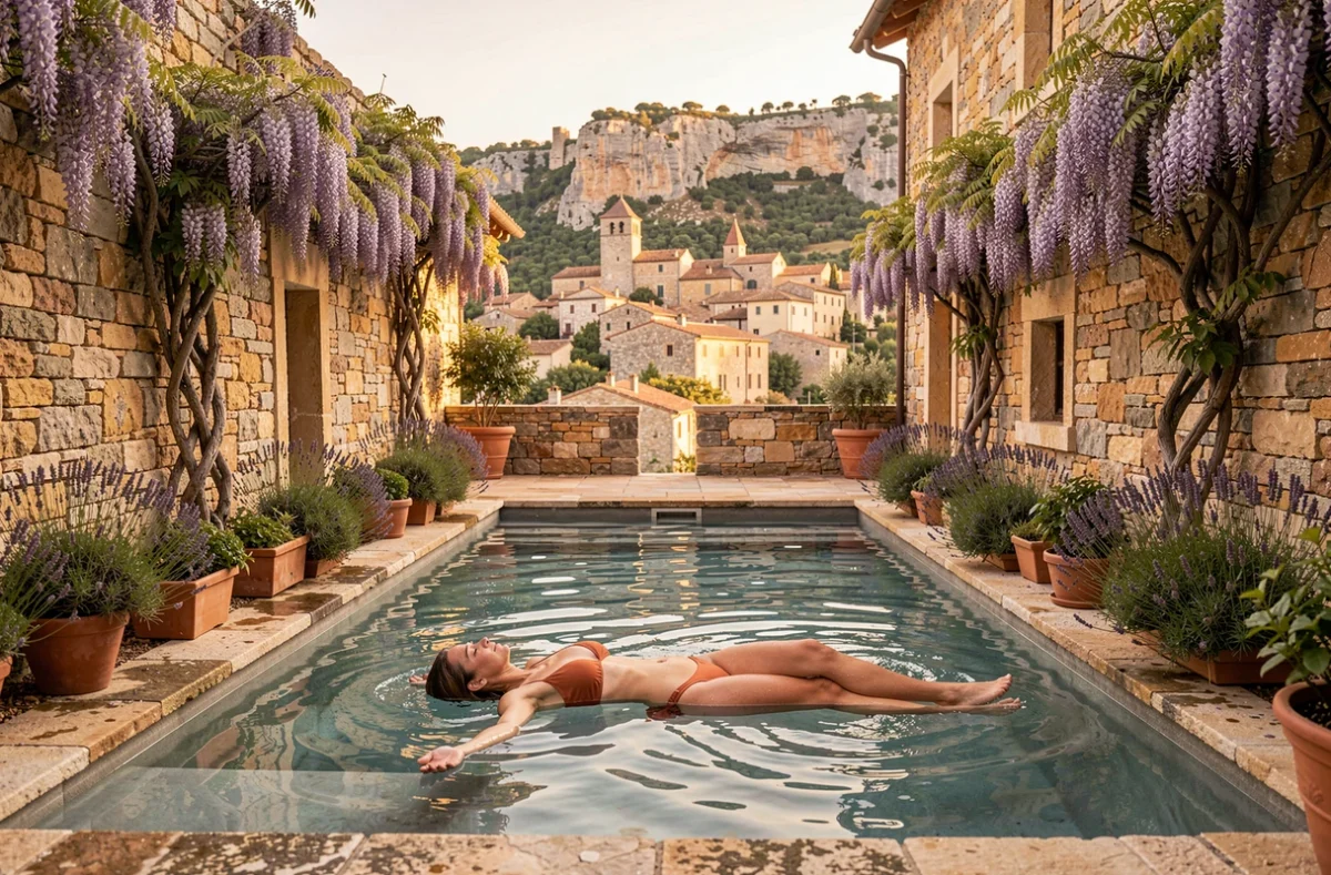 Femme flottant dans la piscine chauffée extérieure du Domaine Lou Capitelle et Spa à Vogüé avec le village ardéchois en arrière-plan