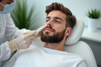 Homme en train de recevoir un traitement d'électrolyse pour la barbe dans une clinique esthétique moderne à Montpellier