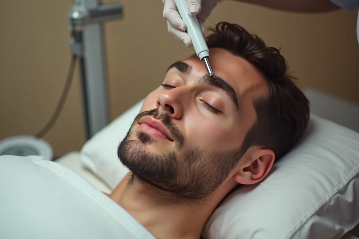 Électrolyse des sourcils pour homme en gros plan, soin de précision réalisé par une esthéticienne professionnelle