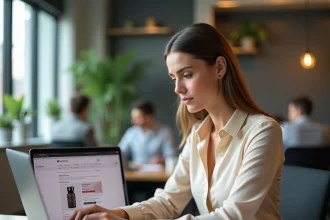 Employée L'Oréal naviguant sur le site de vente au personnel depuis son bureau en open space