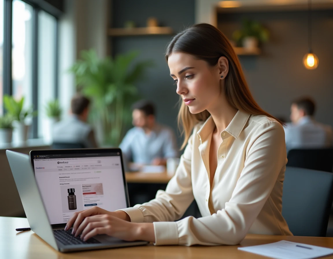 Employée L'Oréal naviguant sur le site de vente au personnel depuis son bureau en open space