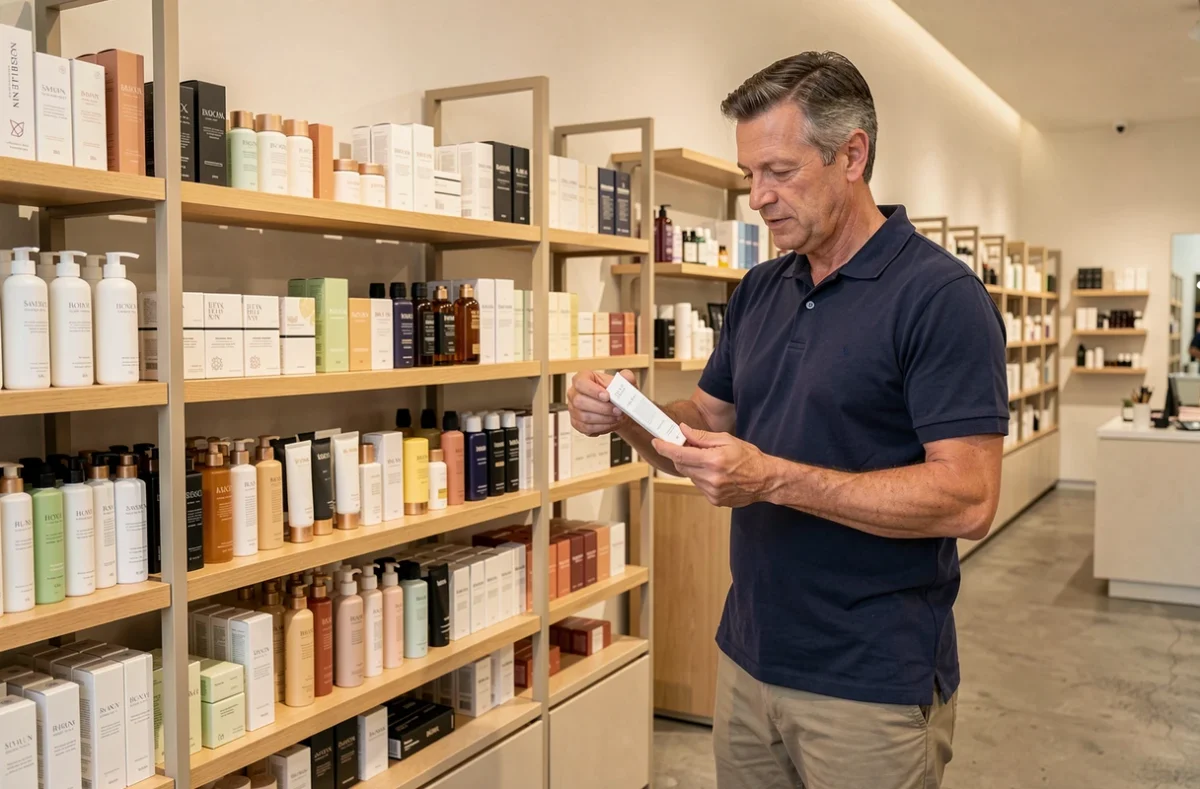 Employé L'Oréal examinant des produits cosmétiques disponibles à la vente au personnel en boutique interne