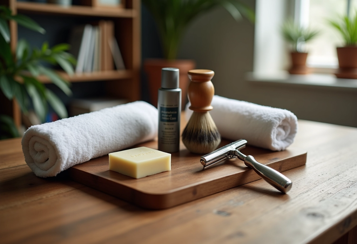 Set de rasage traditionnel avec savon et rasoir sur table en bois