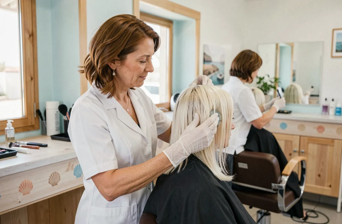 Coiffeuse appliquant un soin de coloration dans le salon Eric Stipa à Châtelaillon-Plage