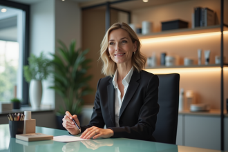 Femme d affaires confiante appliquant du maquillage dans un bureau moderne