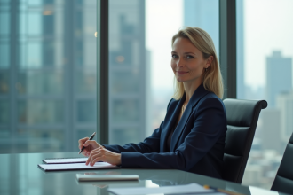 Femme d'affaires confiante en costume navy dans un bureau moderne