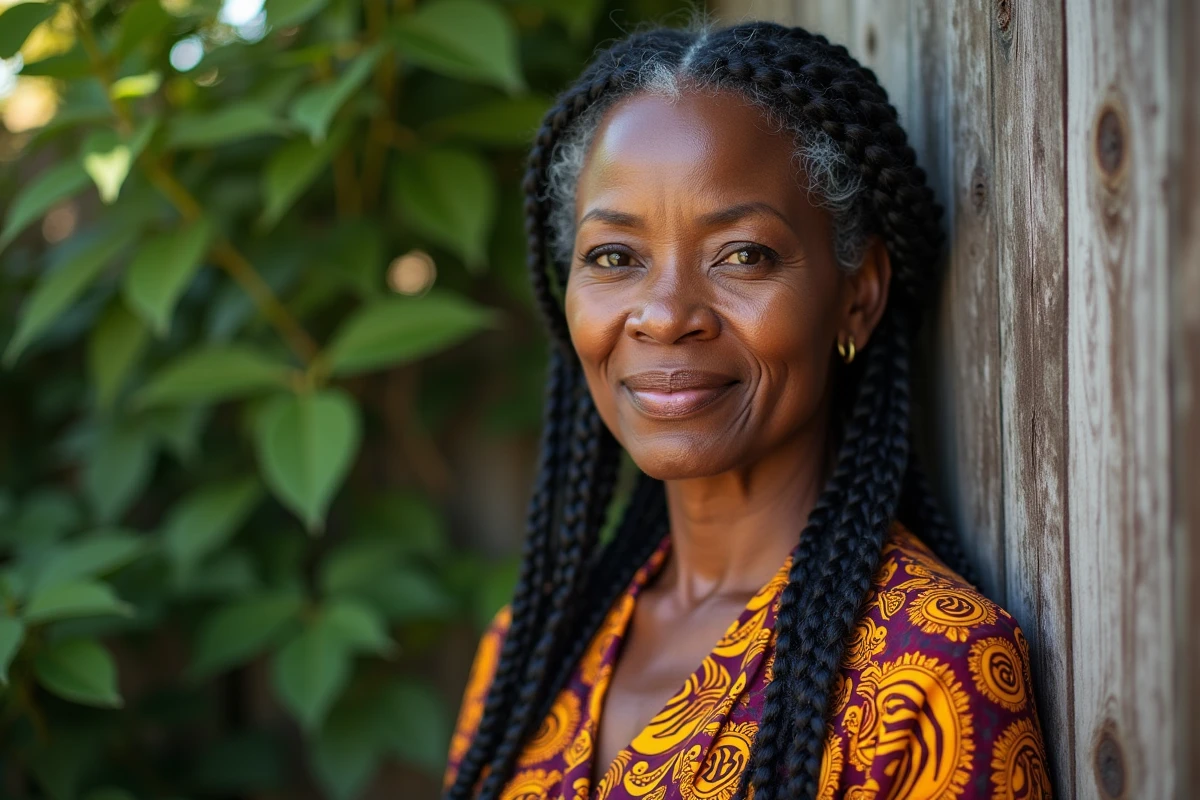 Femme noire plus âgée avec braids dans un jardin en plein air