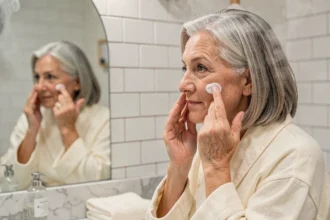 Femme de 60 ans appliquant une crème anti-rides Wrinkle Power sur son visage devant un miroir de salle de bain