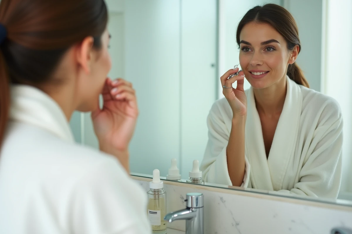 Femme appliquant un sérum visage devant son miroir de salle de bain dans sa routine de soin quotidienne