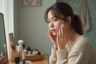 Jeune femme appliquant primer visage dans sa salle de bain