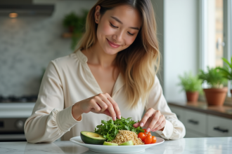 Jeune femme assemble un plat de légumes frais dans une cuisine lumineuse