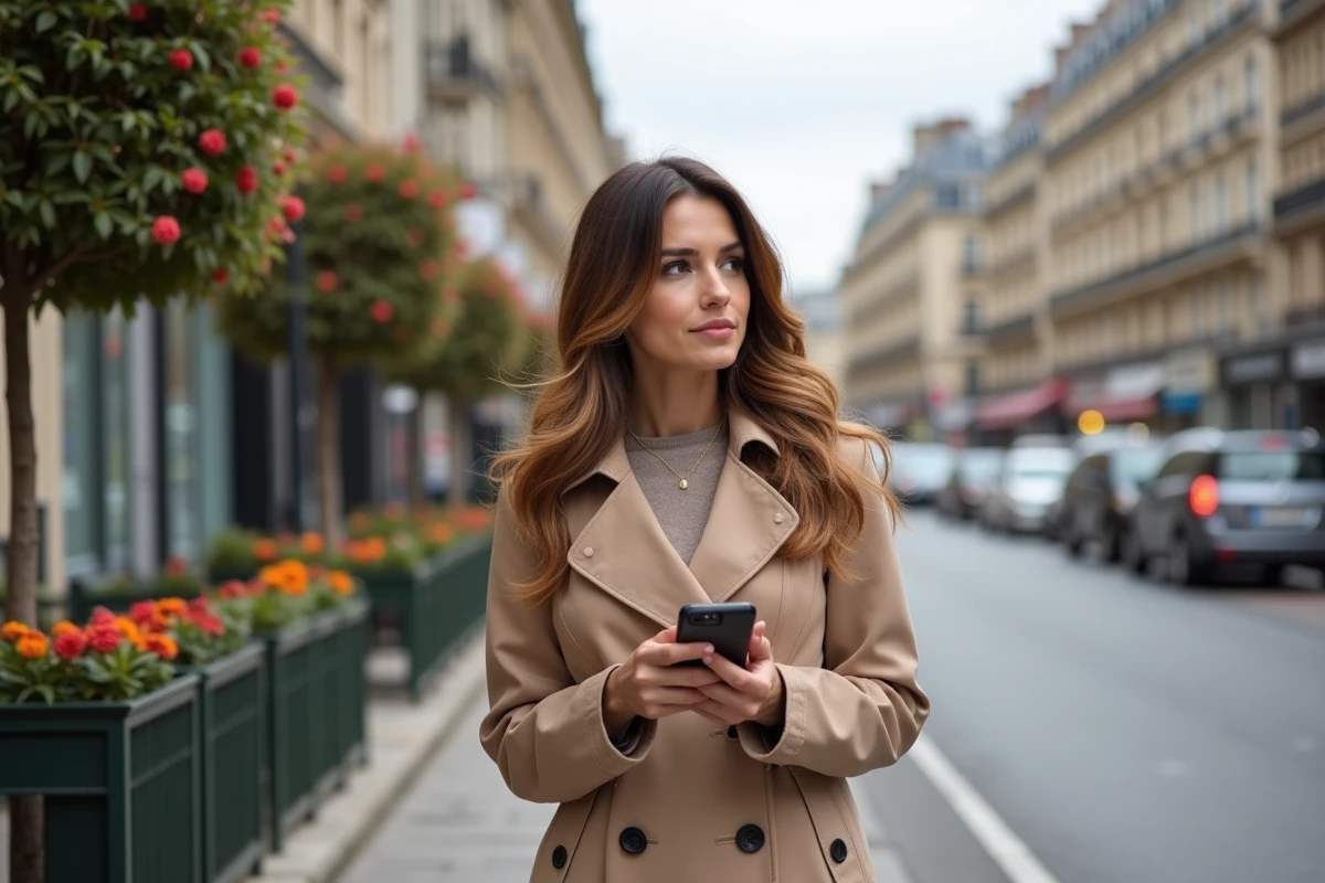 Femme avec trench beige dans une rue parisienne
