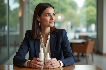 Femme élégante tenant des produits de beauté dans un bureau moderne