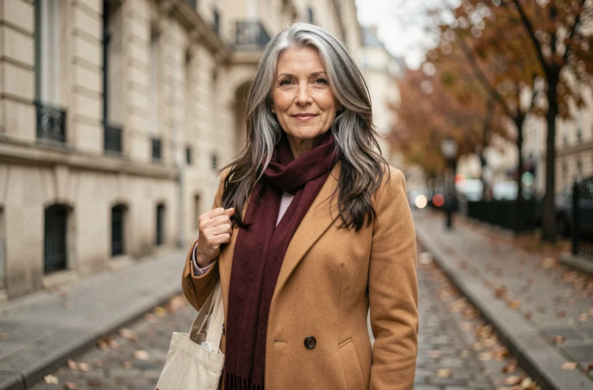 Femme de 55 ans arborant un blended grey sel et poivre dans une rue parisienne en automne, style naturel et élégant