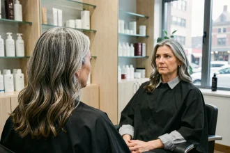 Femme de 48 ans avec technique blended grey, mélange naturel de cheveux gris et châtain foncé en salon de coiffure moderne