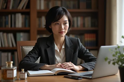 Femme dans son bureau avec ordinateur et parfum élégant