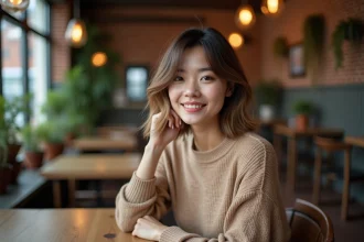 Femme avec coupe courte et balayage dans un café chaleureux
