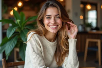Femme élégante dans un café moderne avec plantes vertes