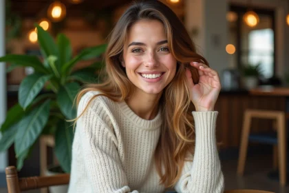 Femme élégante dans un café moderne avec plantes vertes