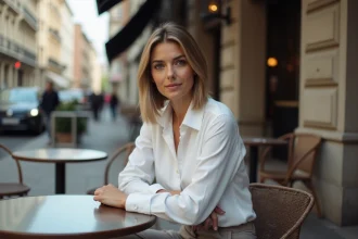 Femme élégante au carré droit dans un café urbain