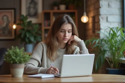 Jeune femme utilisant une calculatrice de tatouage à domicile