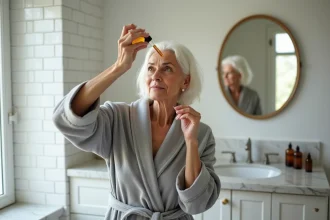 Femme aux cheveux blancs appliquant un liquide ambré sur ses cheveux dans une salle de bain, illustration de l'effet bétadine sur cheveux blancs