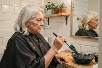 Femme aux cheveux blancs appliquant une couleur végétale avec un pinceau dans une salle de bain naturelle