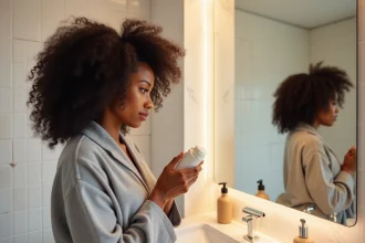 Femme aux cheveux bouclés 3C appliquant un soin Olaplex dans une salle de bain moderne